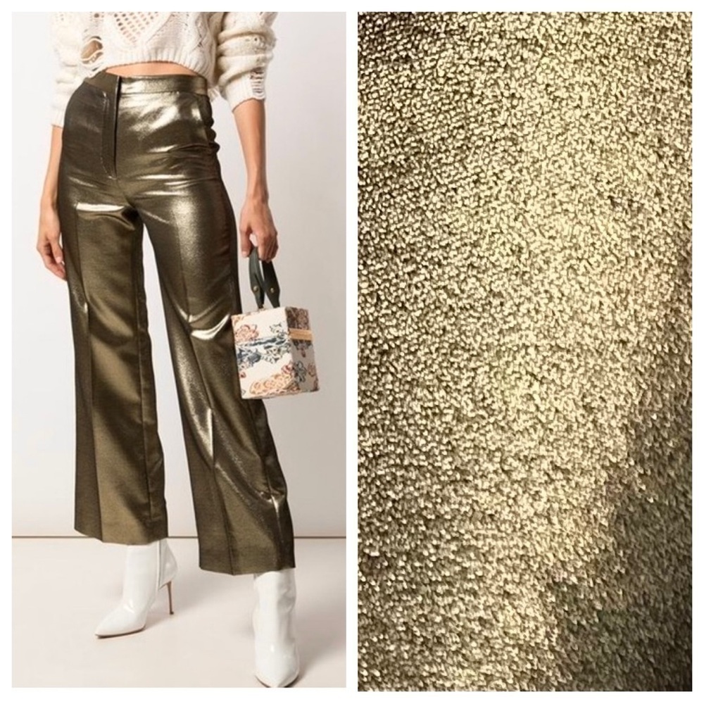Alexa Chung Gold High-Rise Pants Cropped Wide Leg Metallic Trousers Pockets 6/2